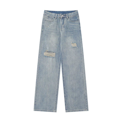 Women Pants Ripped Straight Jeans Wide Leg Loose Trousers