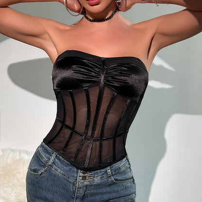 Women Party Tops Mesh Backless Pleated Rhombus Fishbone Top