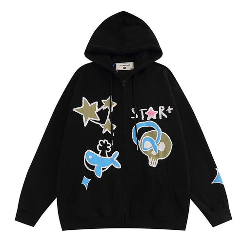 Men Hoodie Cartoon Skull Printed Hoodie Loose Long Sleeve Jacket