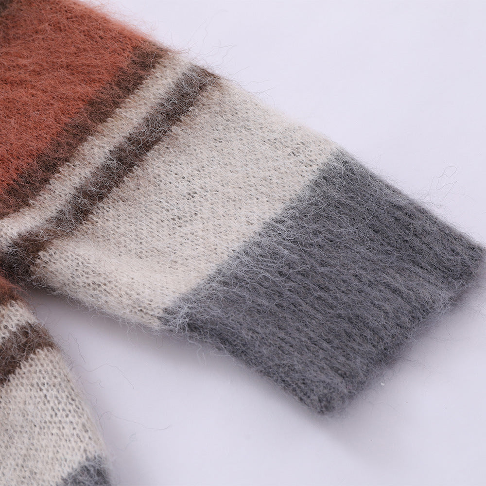 Men Sweater Striped Crew Neck Sweater Loose Knit Shirt