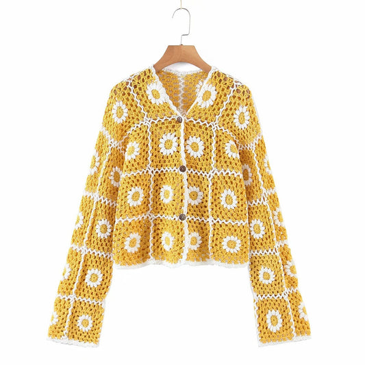 Women Sweater Knit Wear Hollow-out Crocheted Knitted Cardigan Jacket