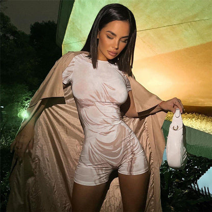 Women Jumpsuit Summer Casual round Neck Short Sleeves Tight One-Piece Shorts