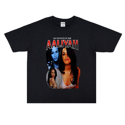 Rock Star T Shirt Aaliyah Men's and Women's Printed Women's Short-Sleeved T-shirt round Neck Cotton Loose