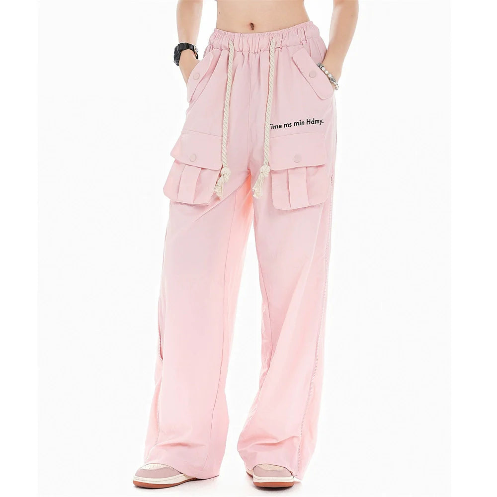 Men Sweatpants Multi-Pocket Workwear Casual Pants Zipper Stitching Loose-Fitting Wide-Leg Trousers