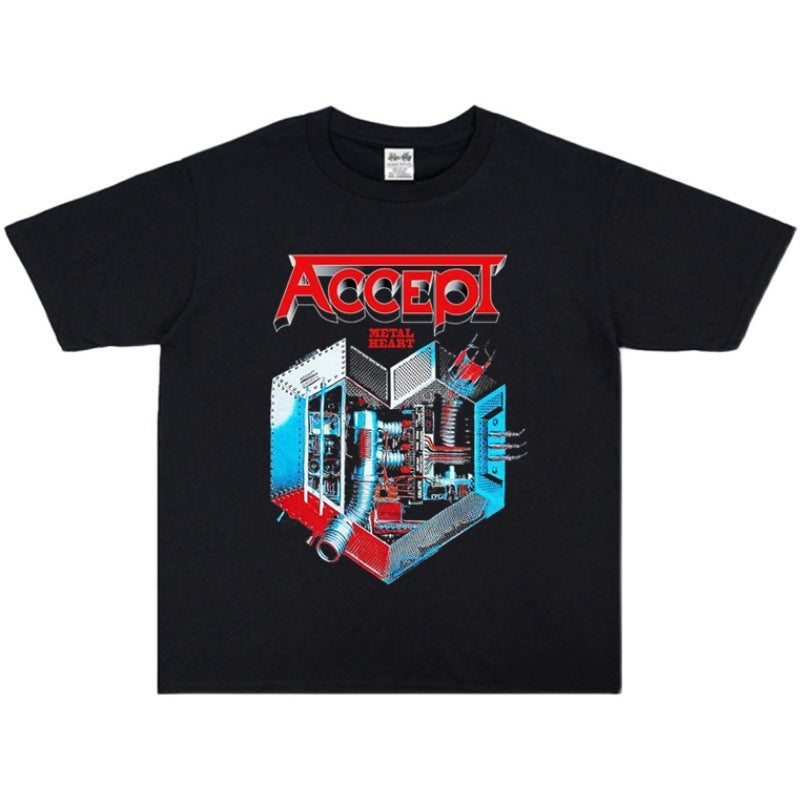Rock Star T Shirt Band Accept Rock Accept Band Washed Distressed T-shirt Cotton Short Sleeve Loose