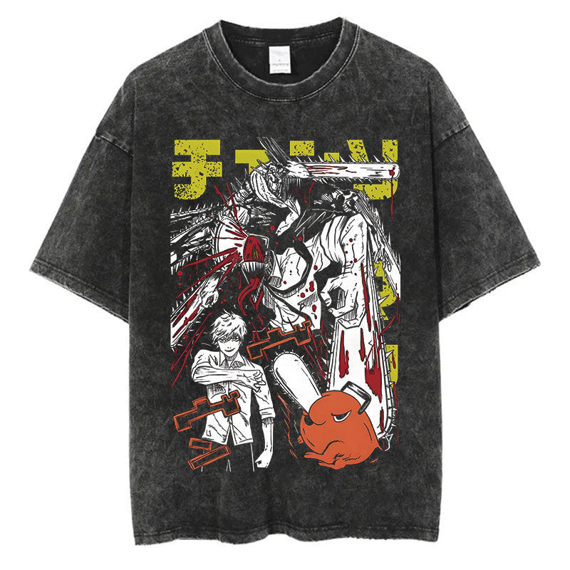 Anime Chainsaw Men Washed Tshirt Retro Hip Hop Streetwear