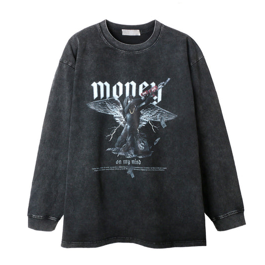 Men Long Sleeve T-Shirt Money Printed Distressed Loose