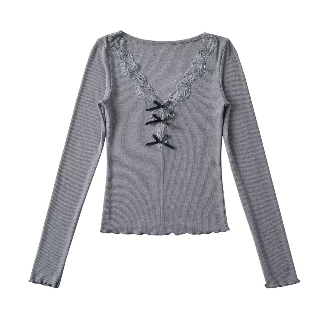 Women Tops Summer Lace V-neck Top Bow Slim T-shirt