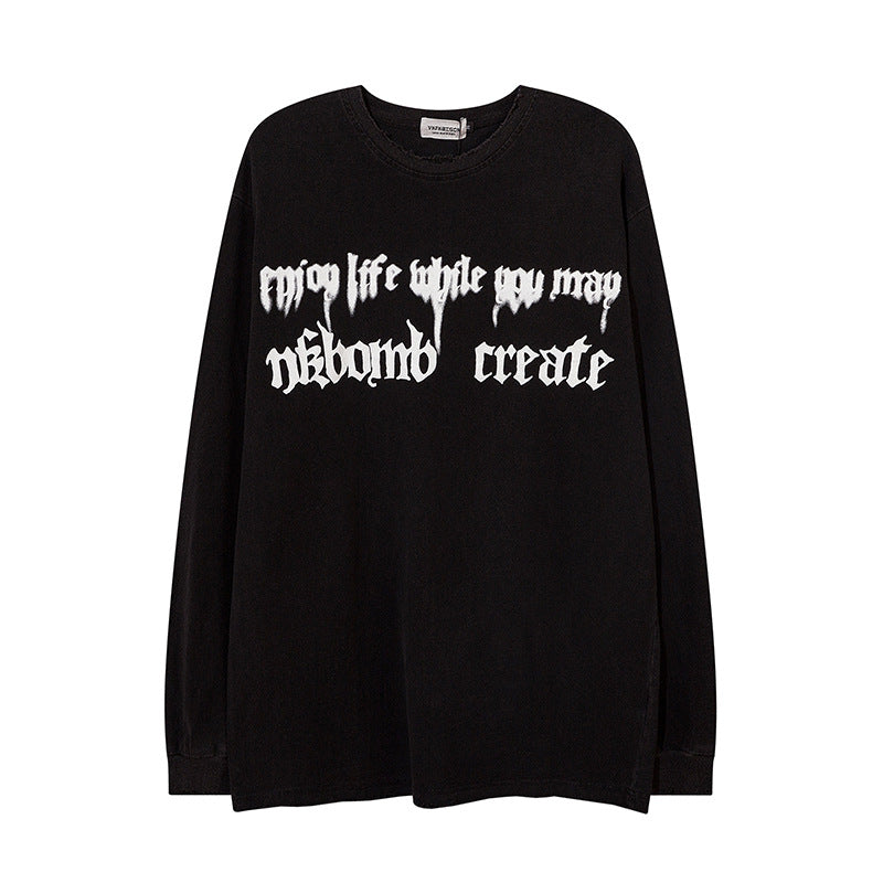 Men Long Sleeve T-Shirt Letter Print Loose Worn out