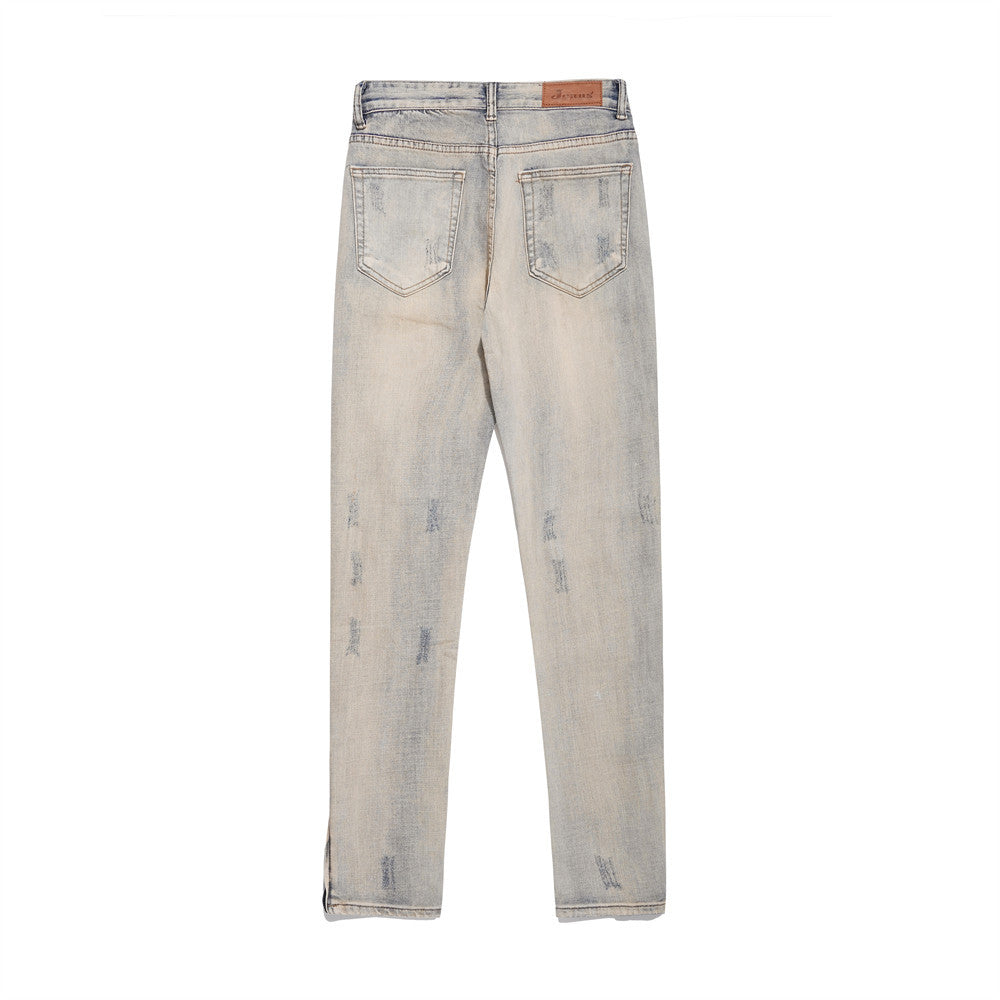 Men Jeans Distressed Loose Worn Leg Zipper Decoration