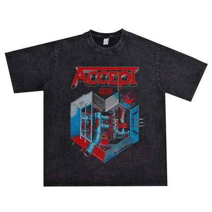 Rock Star T Shirt Band Accept Rock Accept Band Washed Distressed T-shirt Cotton Short Sleeve Loose