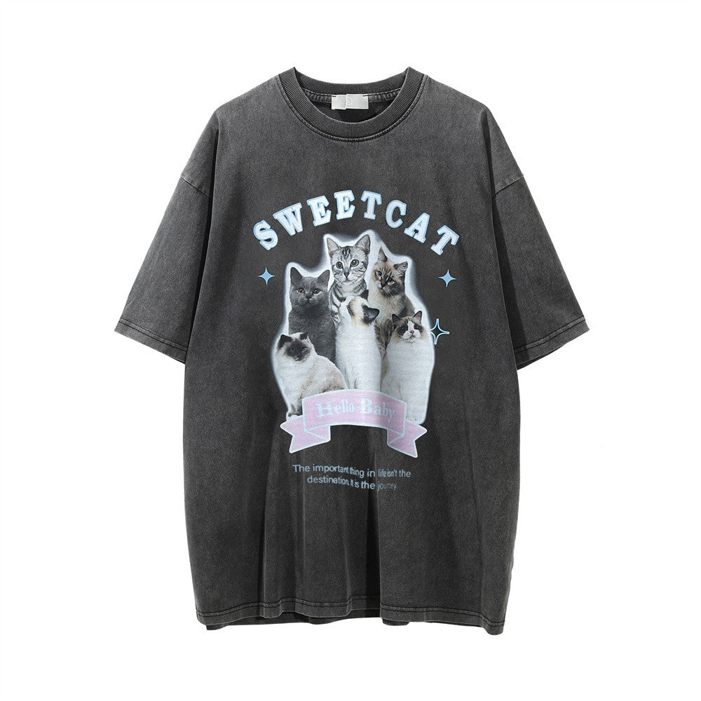 Men Vintage T-Shirt Printed Distressed Washed Short-Sleeved T-shirt Men's Summer Casual Loose round Neck