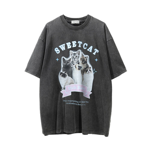 Men Vintage T-Shirt Printed Distressed Washed Short-Sleeved T-shirt Men's Summer Casual Loose round Neck