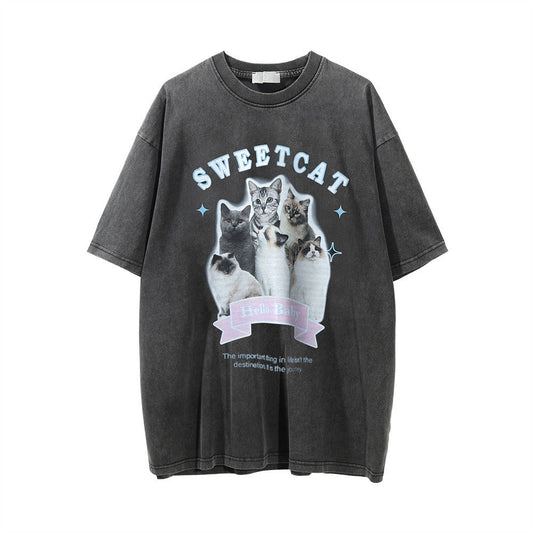 Men Vintage T-Shirt Printed Distressed Washed Short-Sleeved T-shirt Men's Summer Casual Loose round Neck