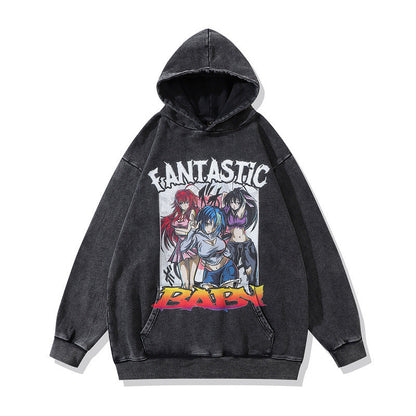 Men Hoodie Washed Cartoon Hooded Sweatshirt Men's and Women's Vintage Top
