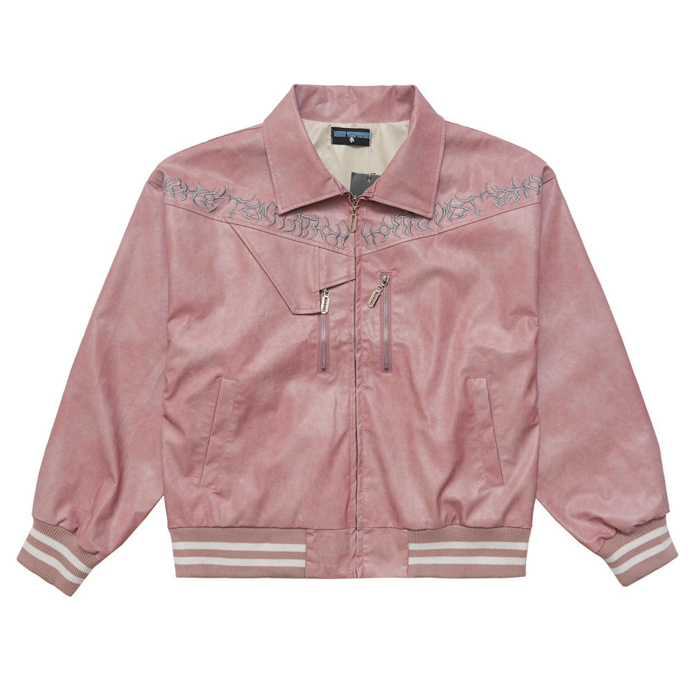 Men Jacket Coat Washed and Worn Leather Jacket Locomotive Style Embroidered Letters PU Leather Coat Autumn