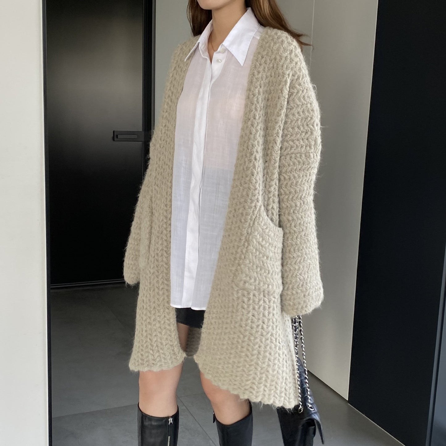 Women Cardigan Sweater Autumn and Winter Loose Pocket Texture Interwoven Long Cardigan Jacket Kc81