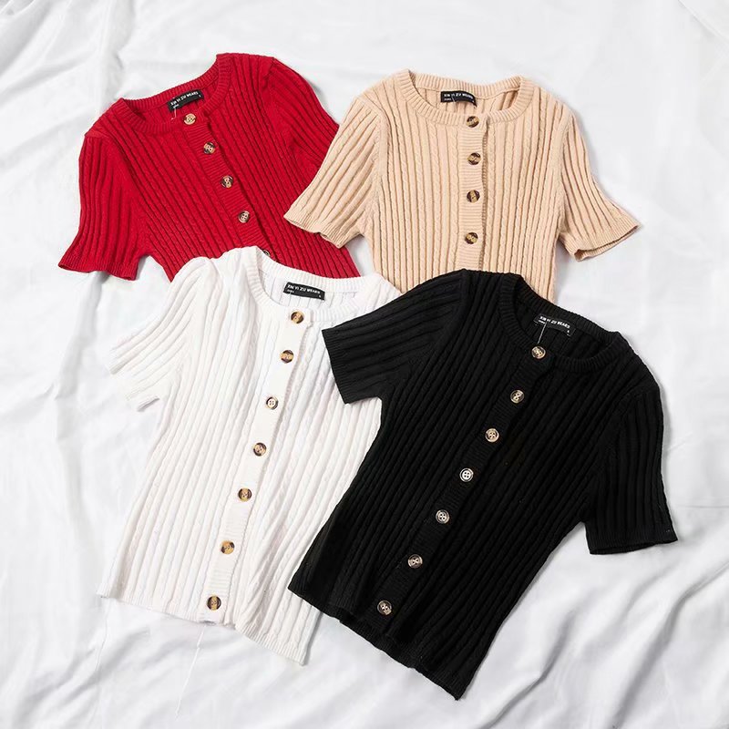 Women Sweater Knitwear Spring/Summer Slim Fit Small round Neck Single-Breasted Knitted Short-Sleeved Cardigan Jacket