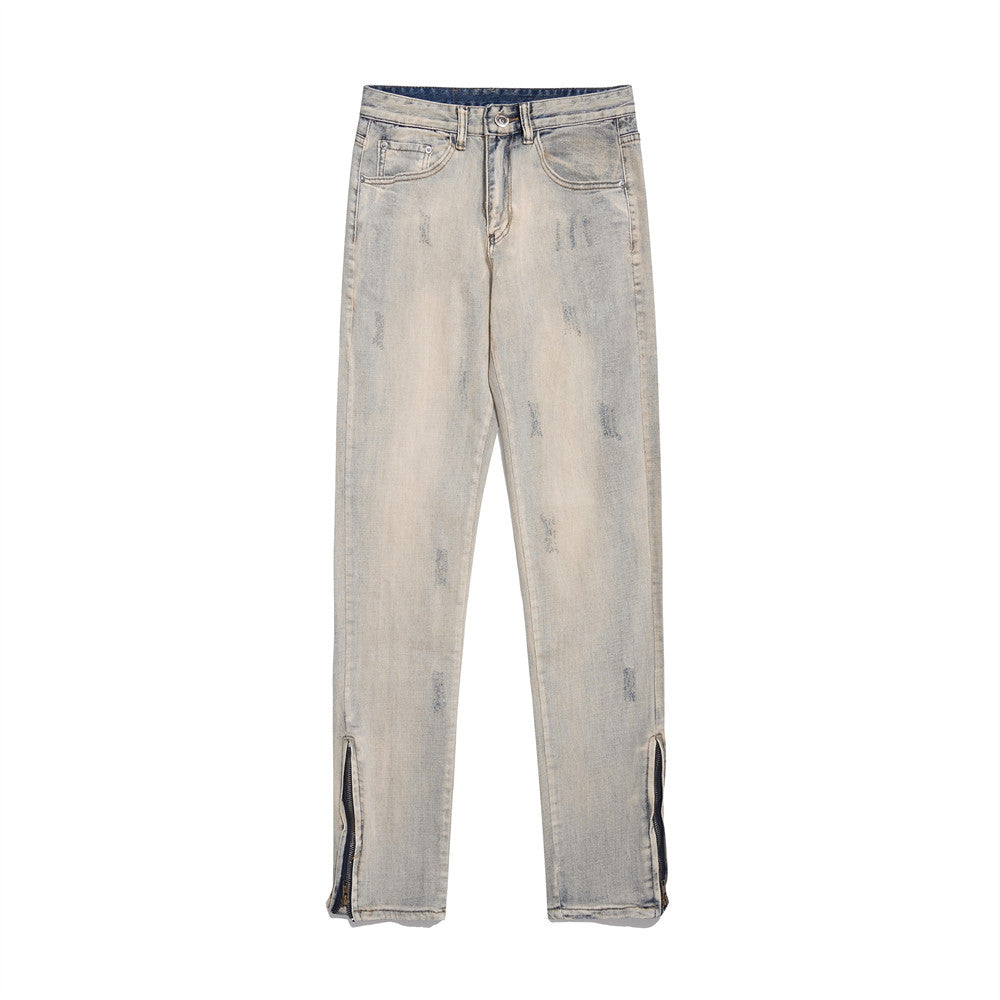 Men Jeans Distressed Loose Worn Leg Zipper Decoration