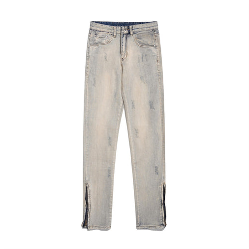 Men Jeans Distressed Loose Worn Leg Zipper Decoration
