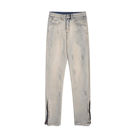 Men Jeans Distressed Loose Worn Leg Zipper Decoration