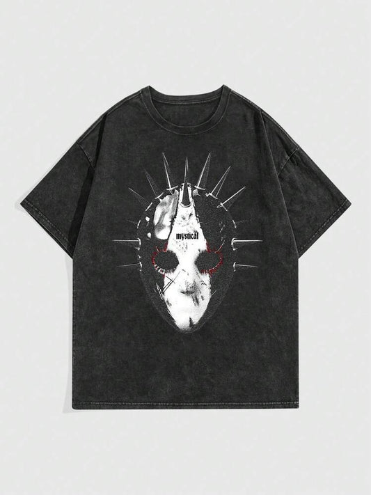ROMWE Goth Men Mask Print Round Neck Short Sleeve T-Shirt
