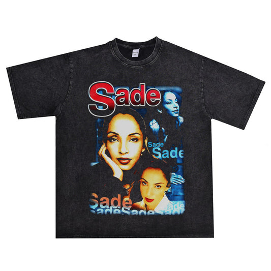 Rock Star T Shirt Nigeria Female Singer Sade Printing Crew Neck T-shirt Short Sleeves Washed Old