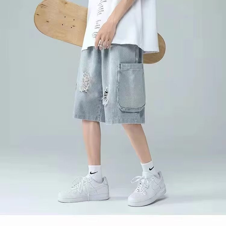 Men Jeans Ripped Workwear Pants Men's Summer Retro Denim Shorts