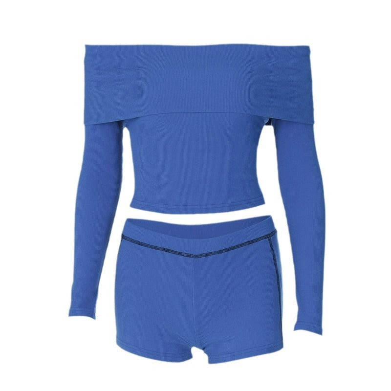 Women Co-Ord Set Shorts Two-Piece Set Sexy off-Shoulder Lapel Long Sleeve Shorts Suit