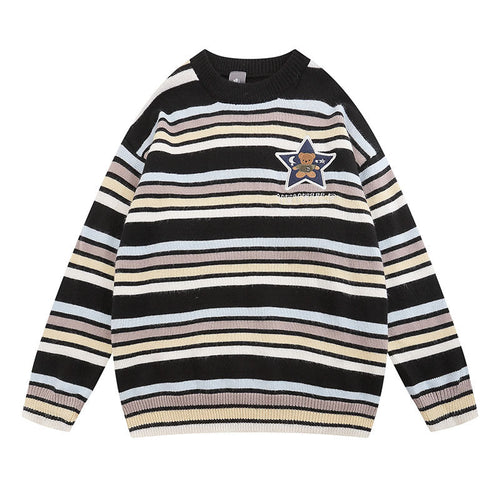 Women Sweater Striped Embroidered Knitted Top Versatile Loose