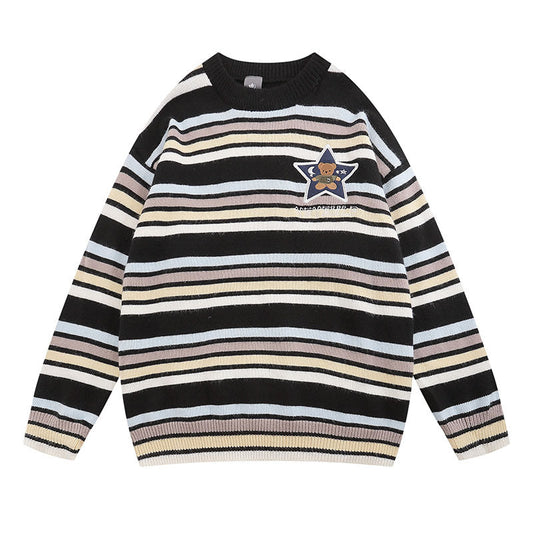 Women Sweater Striped Embroidered Knitted Top Versatile Loose