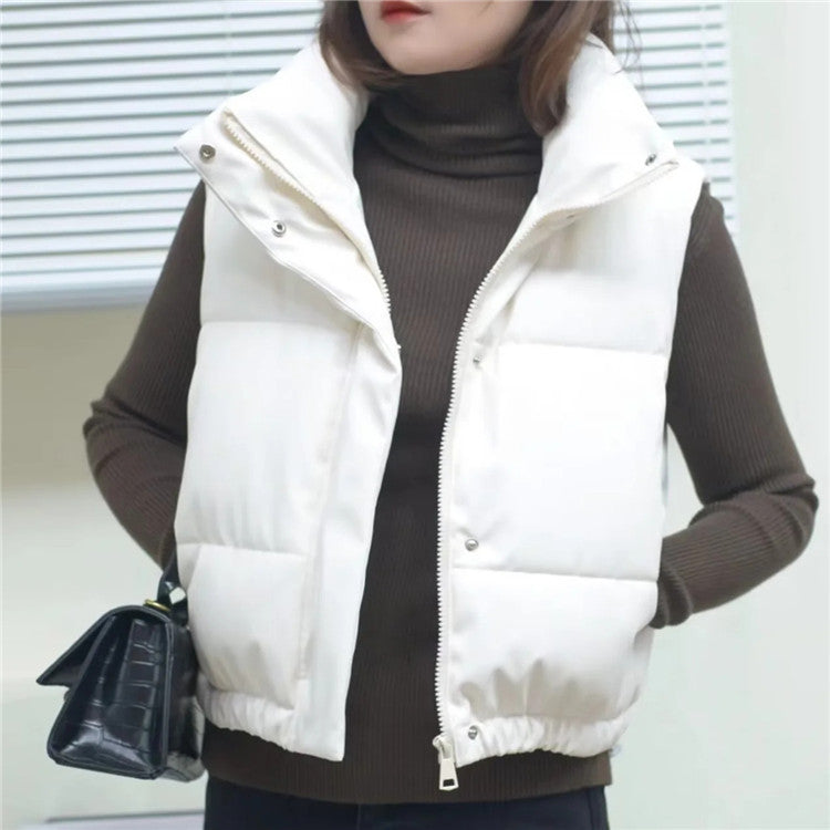 Women Cotton Coat Casual Stand Collar Imitation Leather Vest