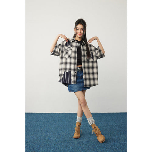 Unisex Shirt Casual Patchwork Patch Plaid