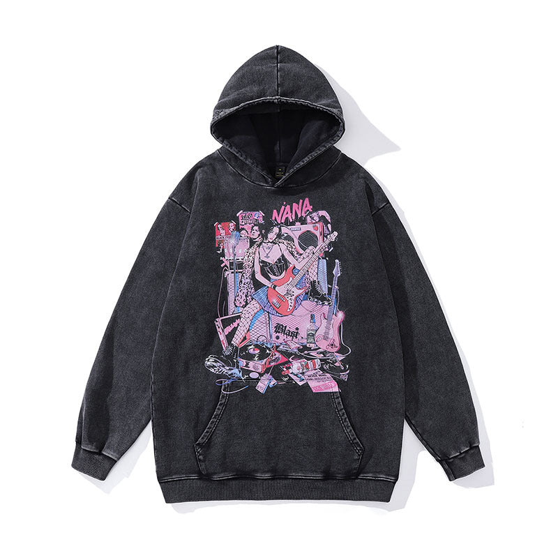 Men Hoodie Retro Punk Cartoon Printed Heavy Wash Hoodie
