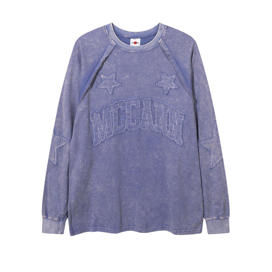 Men Long Sleeve T-Shirt Old Washing Water Paste Cloth Embroidery Five-Pointed Star
