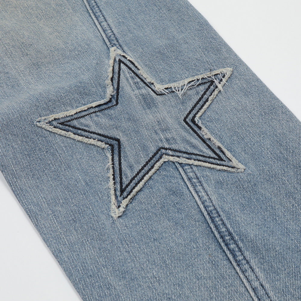 Men Jeans Five-Pointed Star Paste Cloth Embroidery Loose