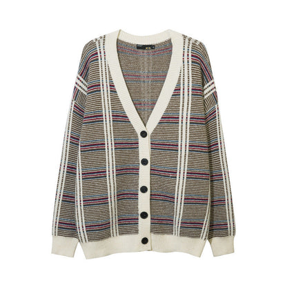 Women Sweater Loose Cardigan Coat Splicing Knitwear