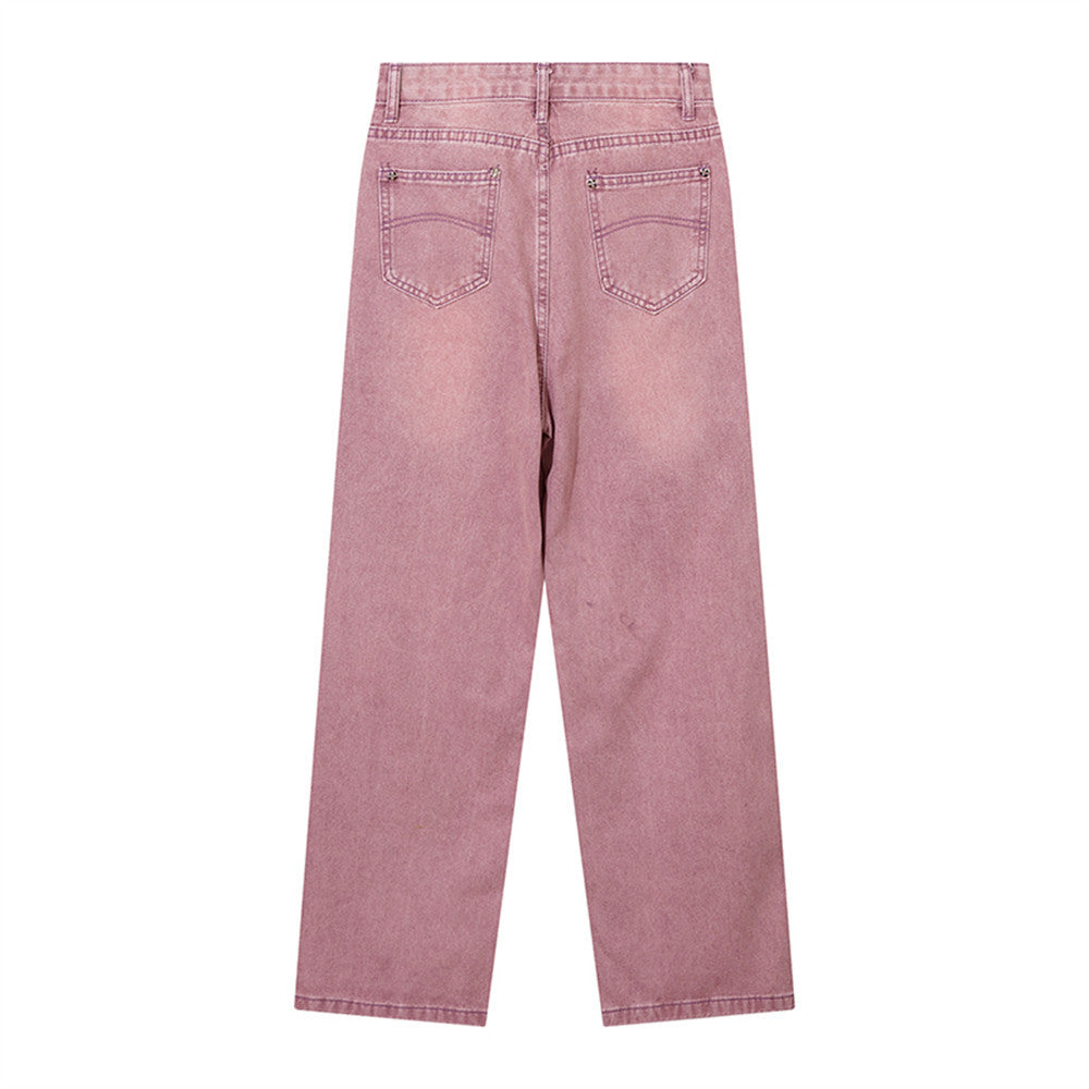 Women Pants Pink Straight Ripped Jeans for Women