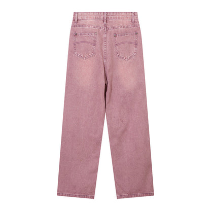 Women Pants Pink Straight Ripped Jeans for Women