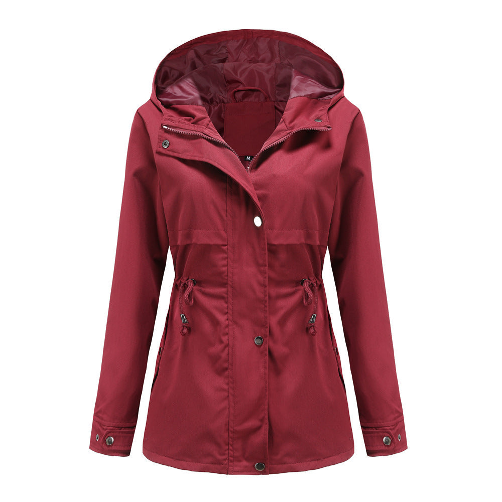 Women Trench Coat Mid-Length Hooded Jacket Long-Sleeved Raincoat