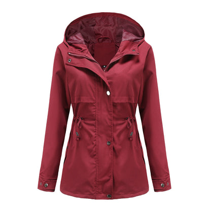 Women Trench Coat Mid-Length Hooded Jacket Long-Sleeved Raincoat