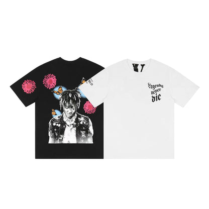 Vlone T Shirts Character Butterfly Red Flower Large V Printed Short Sleeve T-shirt Men and Women Hip Hop Half Sleeve