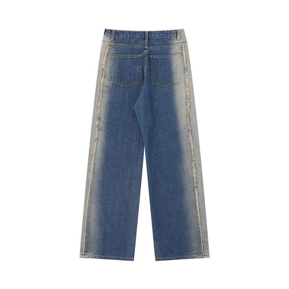 Men Jeans Washed Burr Straight Wide Leg Jeans Men's and Women's Denim Trousers