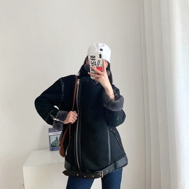 Women Cotton Coat Double-Sided Fur Suede Fabric Jacket