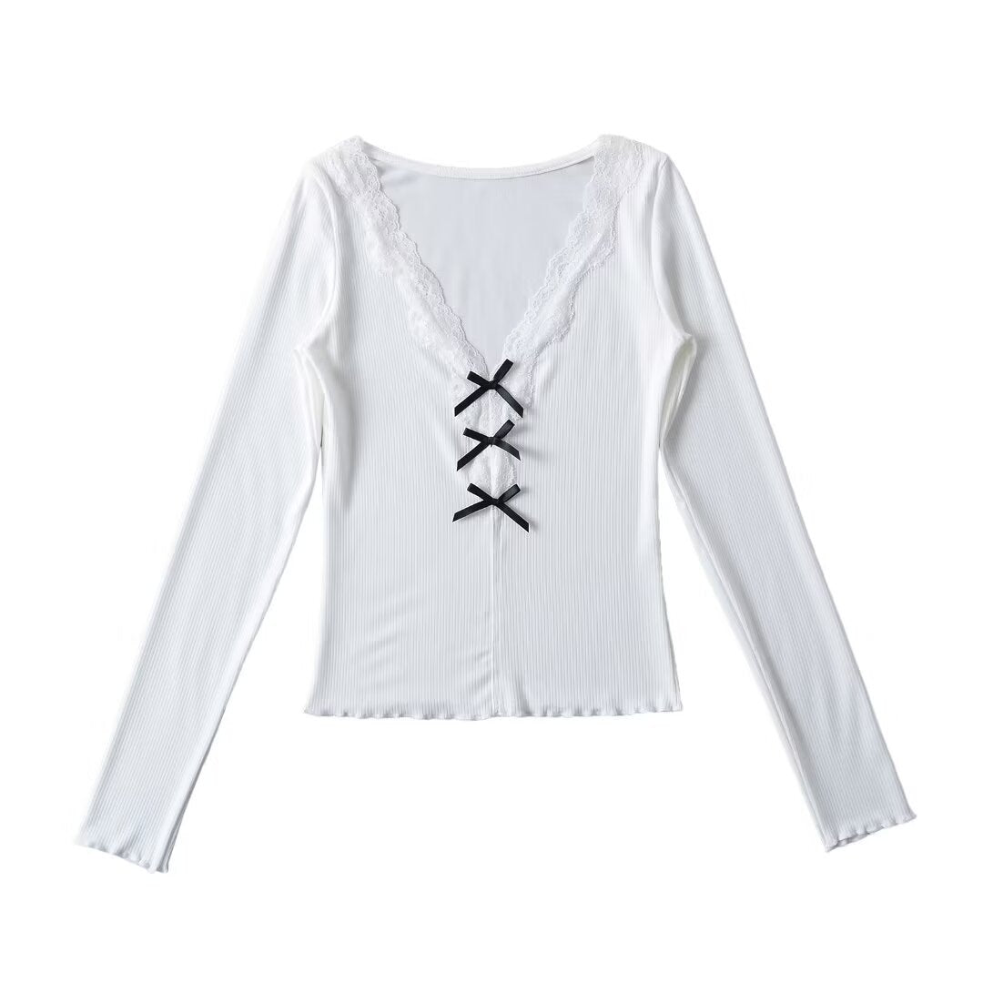 Women Tops Summer Lace V-neck Top Bow Slim T-shirt
