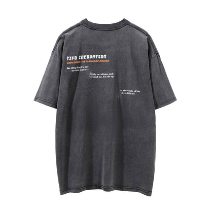 Men Vintage T-Shirt Printed Short-Sleeved T-shirt Men's Street Washed Distressed round Neck Summer Loose
