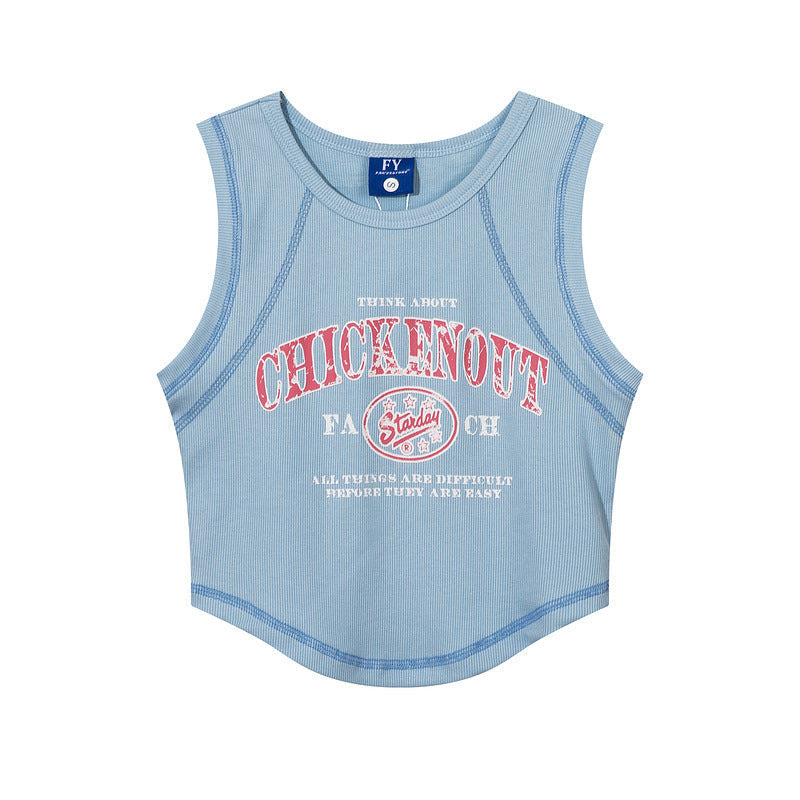 Women Vest Vintage Printed Short Top Summer Thread Fitted Sleeveless T-shirt Vest