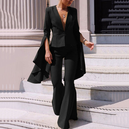 Women Trench Coat Suit Jacket Tops High Waist Big Swing Bell-Bottom Pants Two-Piece Set