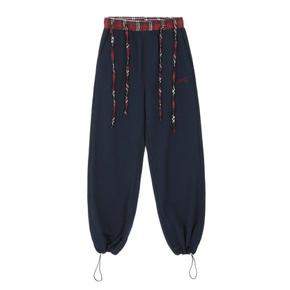 Men Sweatpants Straight Casual Pants Stitching Loose Long Sports Pants Elastic Waist Sports Drawstring Ankle Banded Pants
