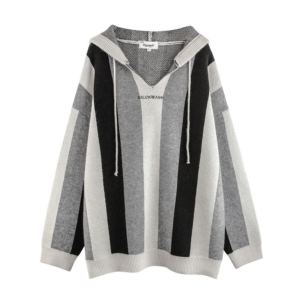 Men Sweater Striped Hooded Pullover Knitted Sweater